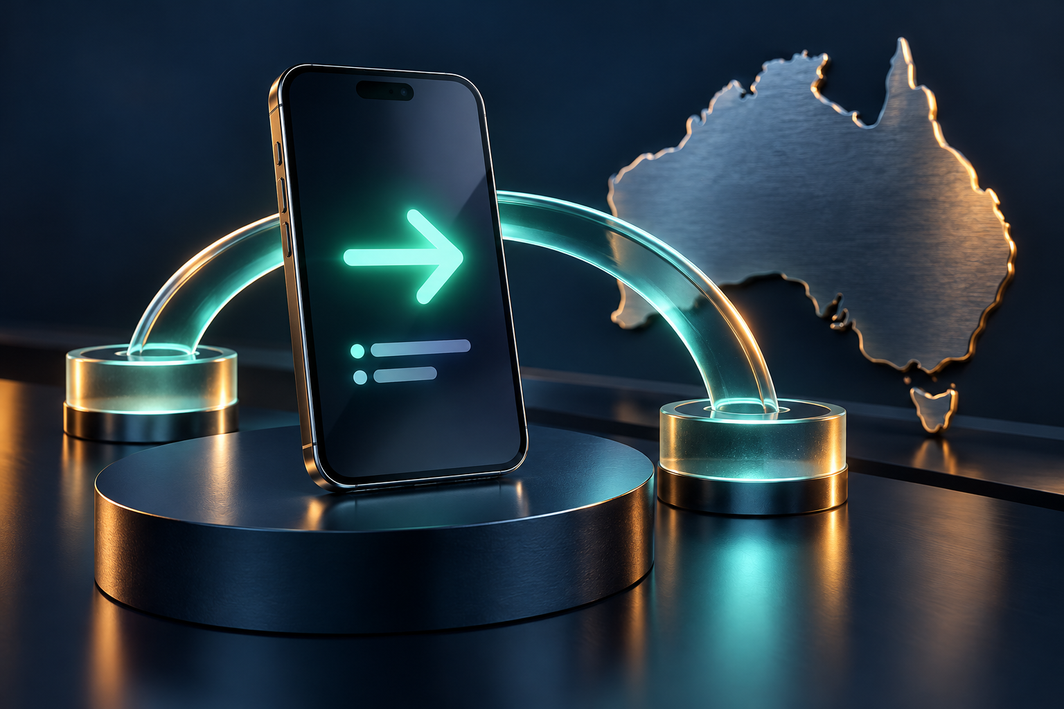 A smartphone with a glowing payment arrow, glass transfer arcs and a metallic outline of Australia.